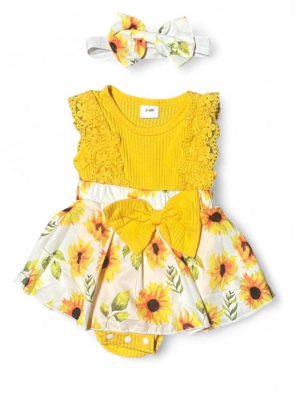 NEW Yellow Sunflower Baby Dress & Headband Set Summer Outfit 3/6 Months Girl